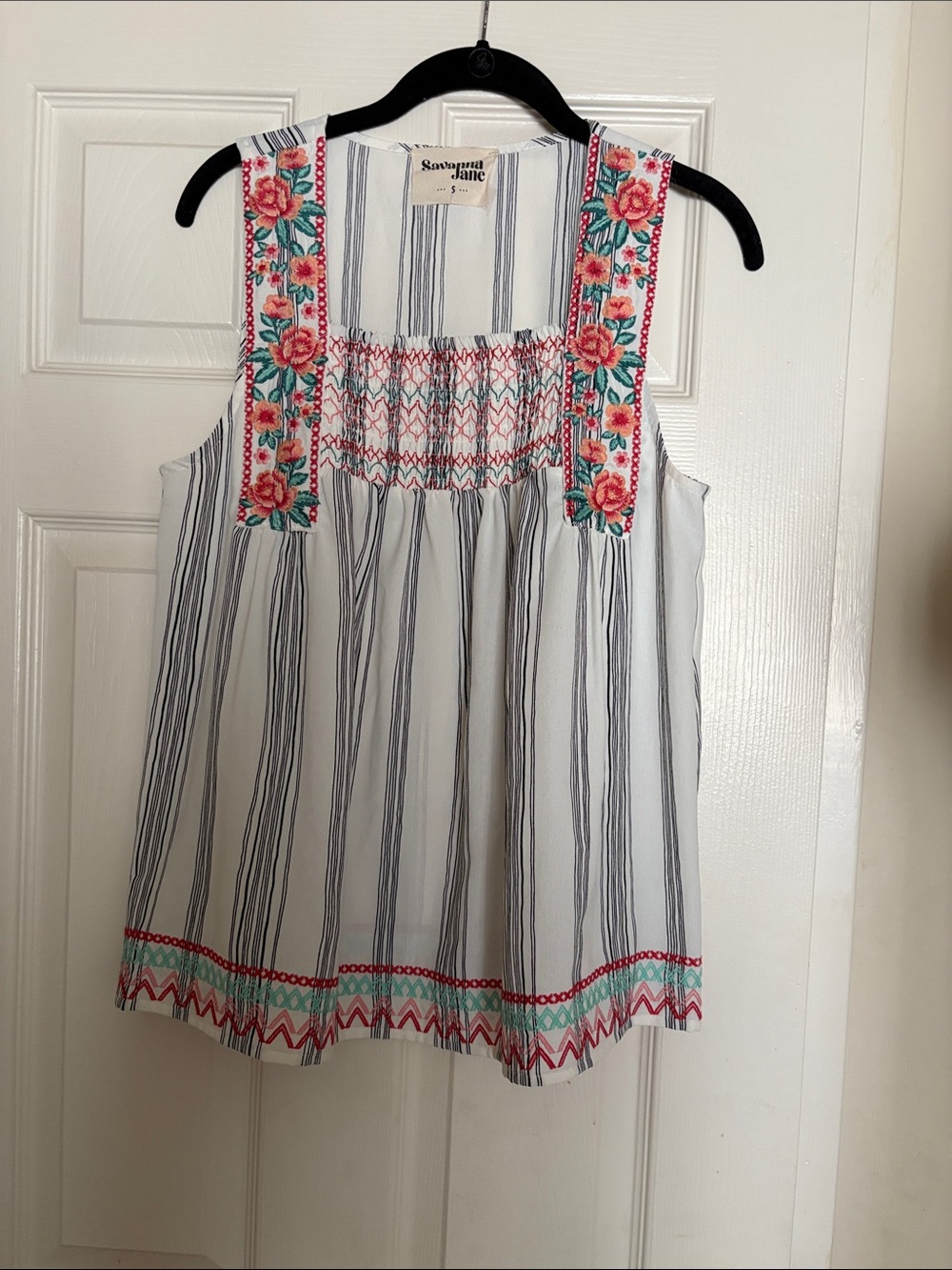 Savanna Jane White Striped Embroidered Camisole with Pink & Teal Floral Yoke